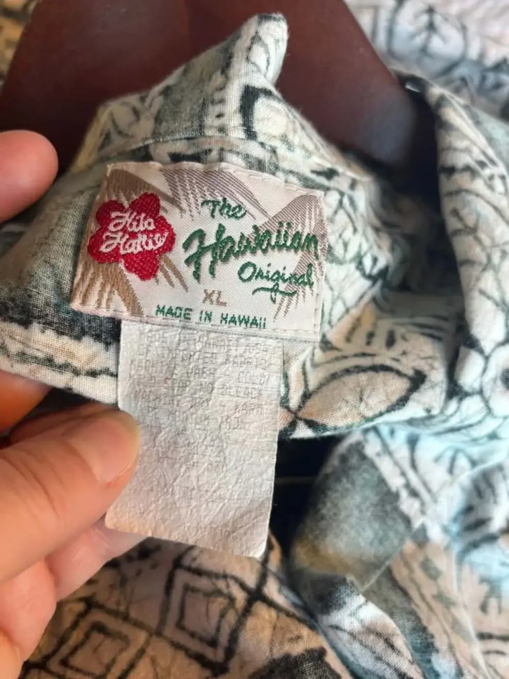 Vintage Hilo Hattie The Hawaiian Original Shirt Green Tapa Block Print Men's XL
